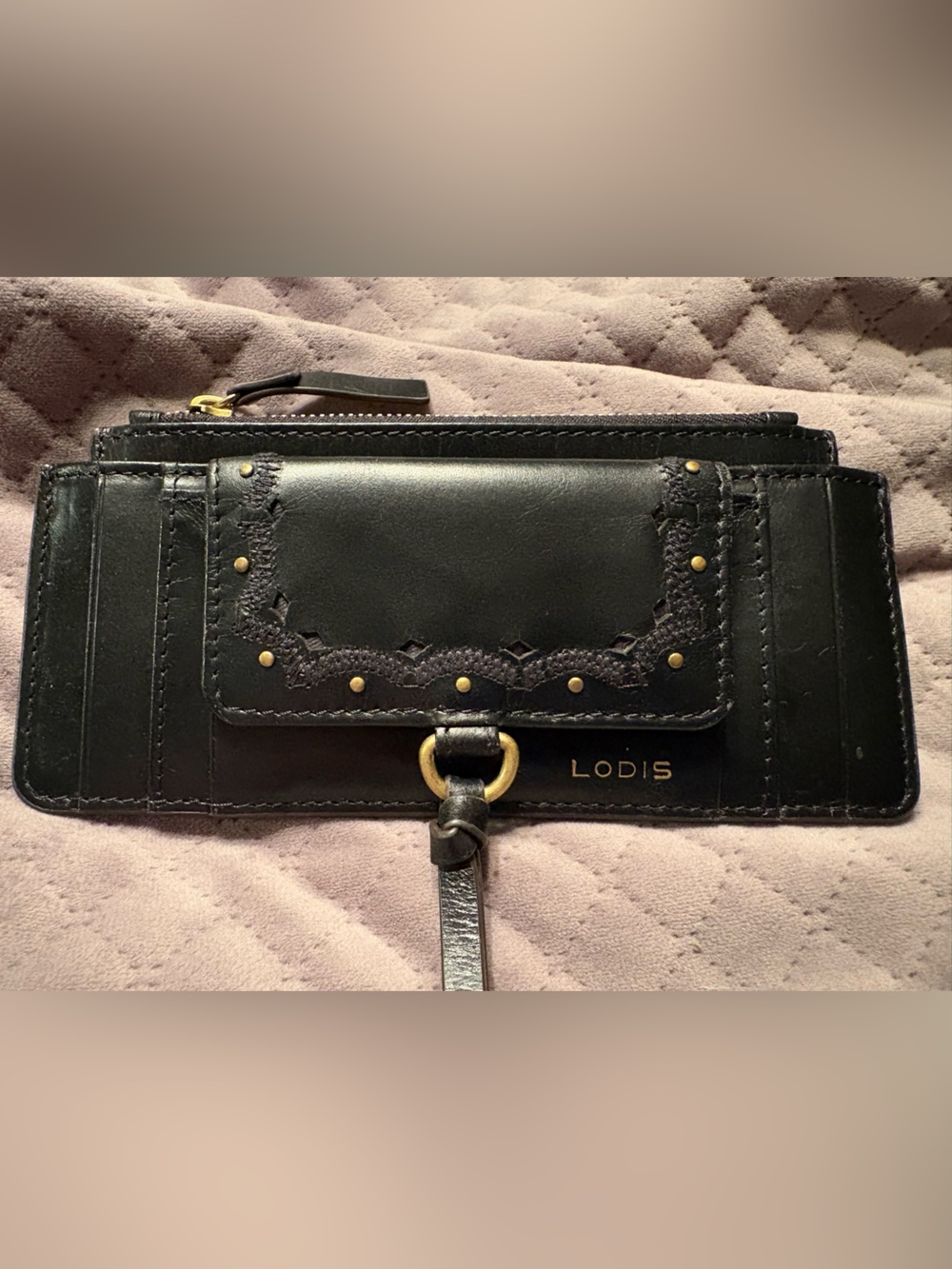 LODIS Catalina Long Stacker Card Wallet Genuine Leather Black NEW embroidered - Picture 1 of 5